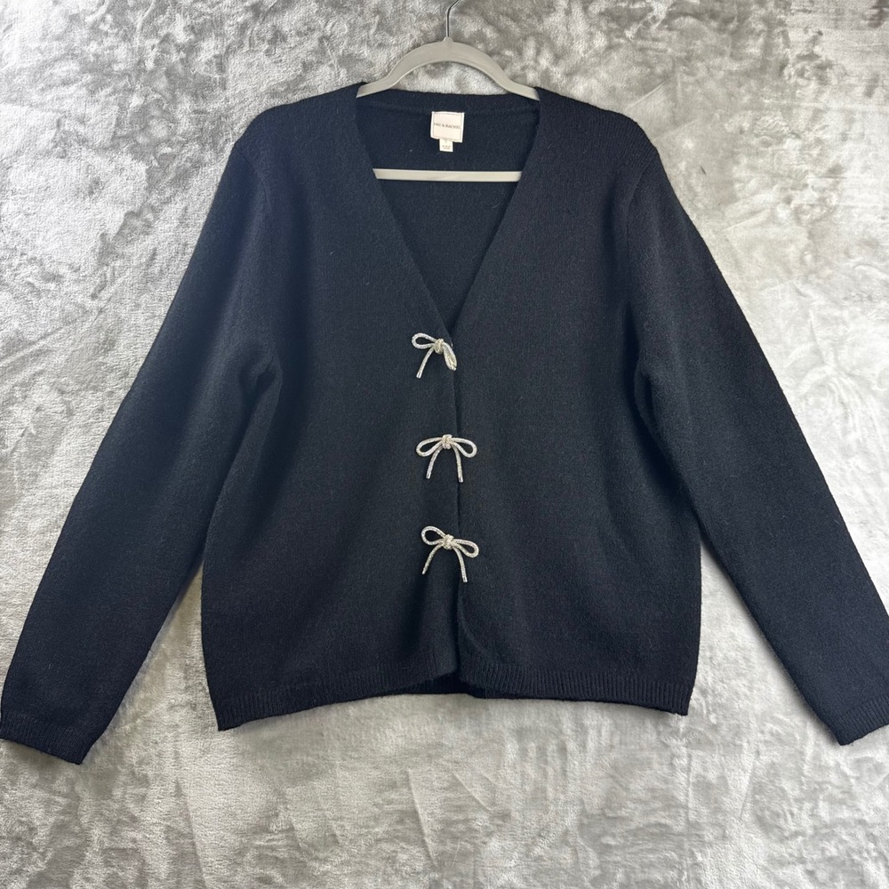 Zac & Rachel Cardigan Women Large Black Rhinestone Bow Snap V-Neck (1853)